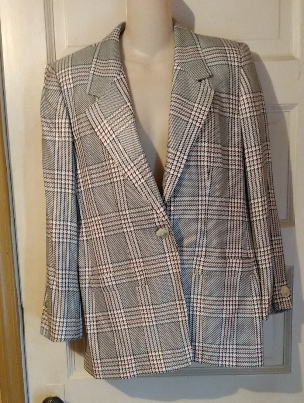 Vtg Evan Picone Plaid Pink Grey White Maximalist Classic Blazer Usa Made